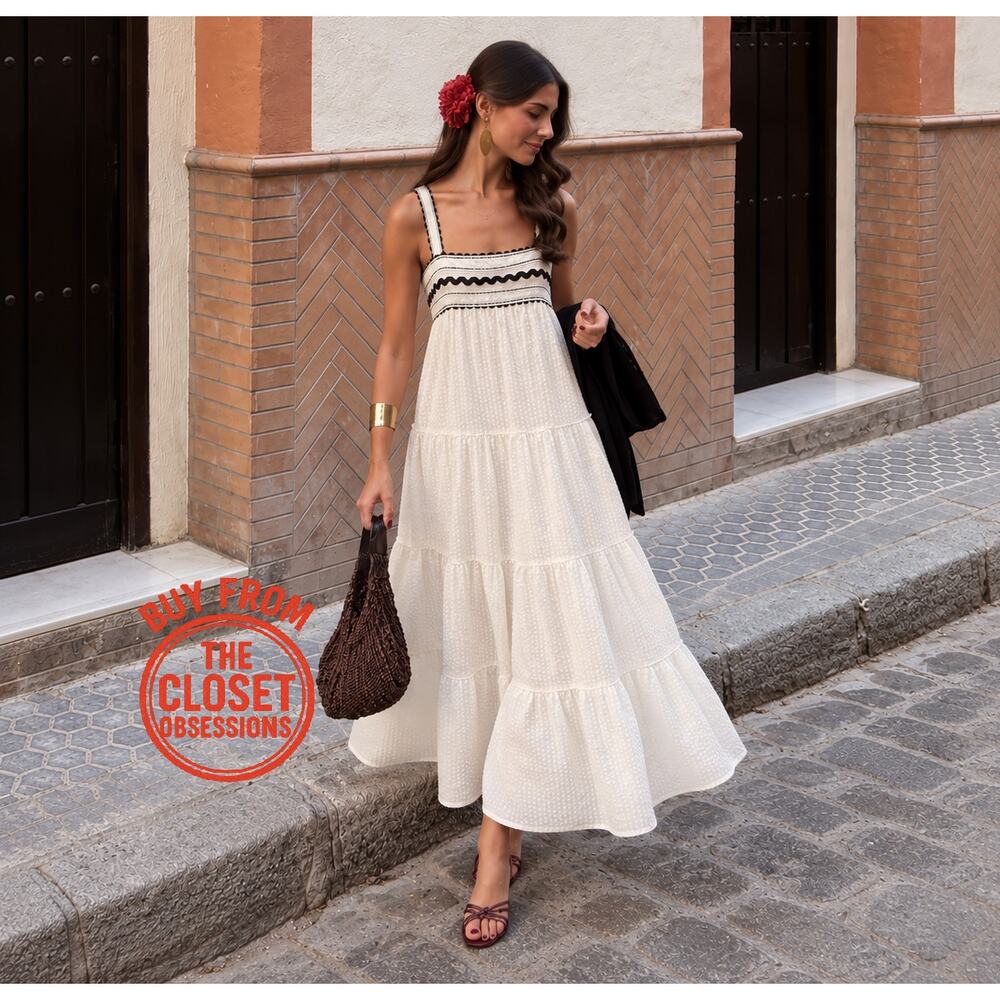 Zara NWT Cream Seersucker Cotton Tiered Midi Dress Lace Applique M - Picture 5 of 16